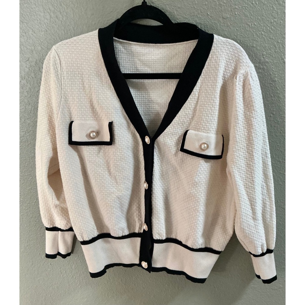 Black White Pearl Button Lady Jacket Cardigan Parisian Preppy Quiet Luxury 2XL